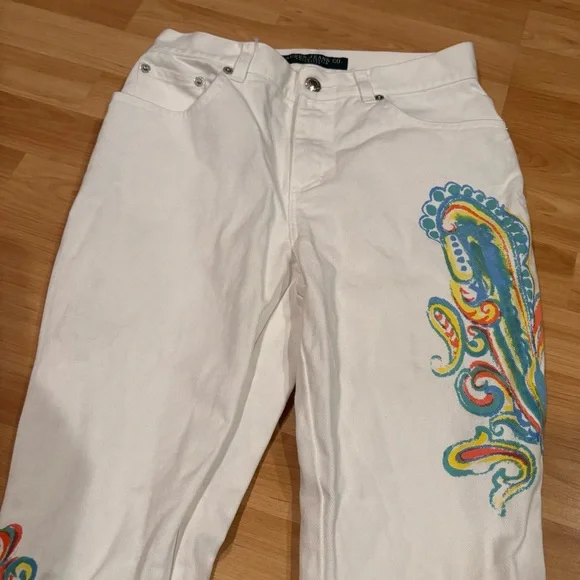 VTG Ralph Lauren White Flare Pants with Colorful Paisley Embroidery - Picture 2 of 9